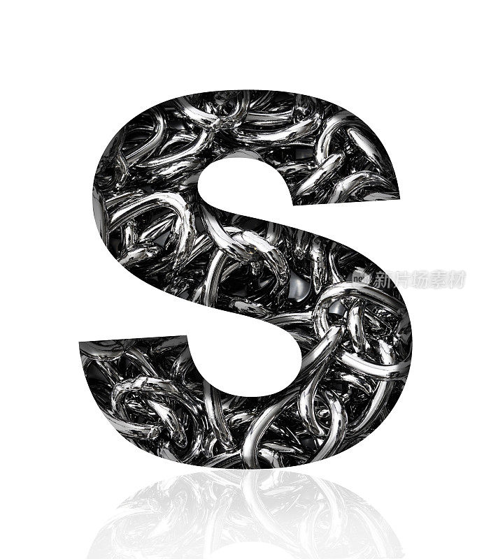 Isolated shot of three-dimensional silver chain alphabet letter S on white background